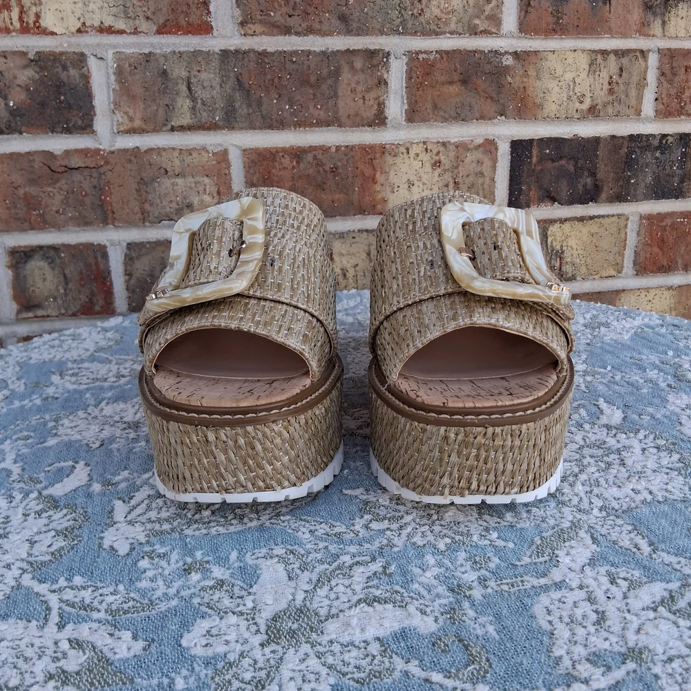 Sam Edelman Raffia Platform Slides 9 Woven Buckle Chunky Sandals Boho Festival - Picture 5 of 17
